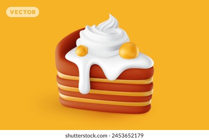 Vector illustration of realistic piece of cake with cream and berry on yellow background. 3d style design of cake with whipped cream. Sweet food for web, site, banner, greeting card