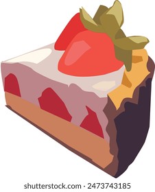 Vector illustration of realistic piece of cake with cream and strawberry on white background. Color block style design of strawberry cake. Sweet food for web, site, banner, greeting card.