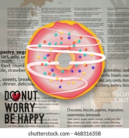 Vector illustration of realistic pink donut icon. Glazed doughnut with sprinkles on the newspaper background.