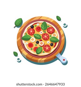 A vector illustration of a realistic pizza, likely a Margherita pizza given the prominent basil leaves, red tomatoes, and white cheese. It is presented on a wooden pizza peel or serving board. 