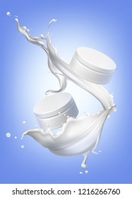 Vector illustration of realistic plastic cosmetic jar for moisturizing face cream with white splash with drops isolated on background