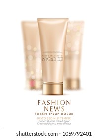 Vector illustration: a realistic plastic flacon-tube with SS-cream on the background of two blurry tubes of cream. Template for promotional brochure, for promotion of cosmetics.