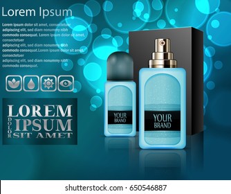Vector illustration of Realistic plastic perfume bottles with package box
