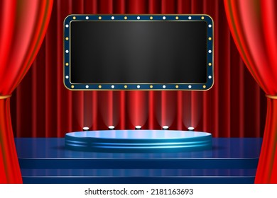 Vector Illustration Realistic Podium Stage With Red Curtain On 3d Design.