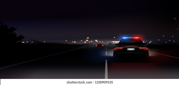 Vector illustration of realistic police car glow back headlights at road background with the panorama of the night city with lights