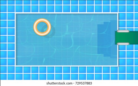 Vector illustration - realistic pool. Swim ring on swimming pool water background. Top view 
