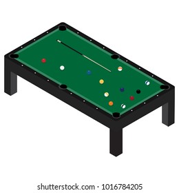 Vector illustration realistic pool table with set of billiard balls and cue. Billiard table with green cloth isometric 3d perspective