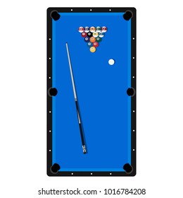 Vector illustration realistic pool table with set of billiard balls and cue. Billiard table with blue
 cloth top view