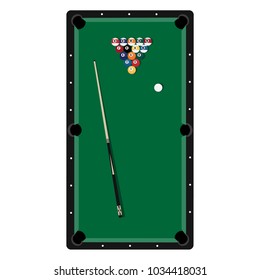 Vector illustration realistic pool table with set of billiard balls and cue. Billiard table with green cloth top view