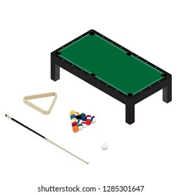 Vector illustration realistic pool table with set of billiard balls, triangle and cue. Billiard table with green cloth isometric 3d perspective