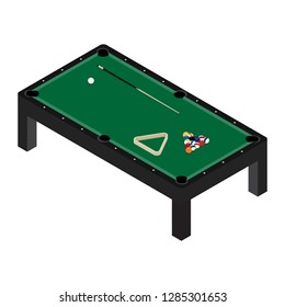 Vector illustration realistic pool table with set of billiard balls and cue. Billiard table with green cloth isometric 3d perspective