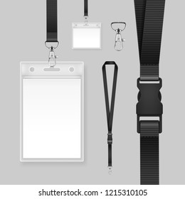 Vector illustration of realistic professional identification card. Template id badges holders on black lanyards and strap clips isolated on background