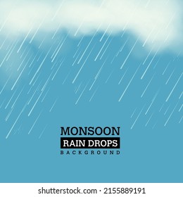 Vector Illustration Of Realistic Rain Drops With Clouds - Monsoon Concept