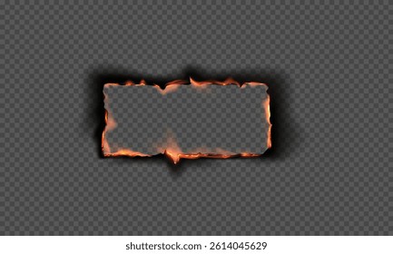 Vector illustration of Realistic rectangular frame made of burnt paper with flame and charred edges. Hole with shadow. For overlays, effects and design elements.