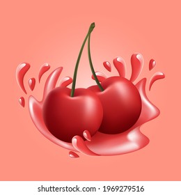 Vector illustration of realistic red cherry splash. Cherry bomb