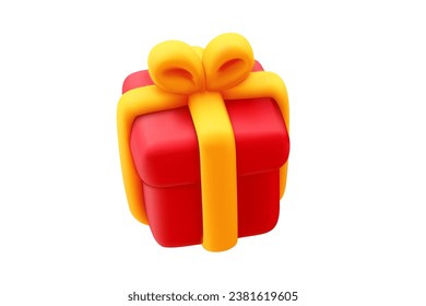 Vector illustration of realistic red color gift box with yellow ribbon. 3d style holiday design of present box isolated on white background. Festive gift surprise for web, site, banner, greeting card