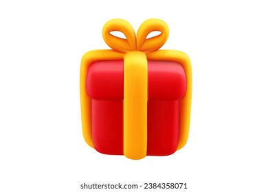 Vector illustration of realistic red color gift box with yellow ribbon, front view. 3d style holiday design of present box isolated on white background. Festive gift surprise for web banner, card