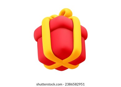 Vector illustration of realistic red color gift box with yellow ribbon isolated on white background. 3d style holiday design of festive gift surprise. Present box for web, site, banner, card