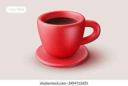 Vector illustration of realistic red color cup with coffee on light background. 3d style design of coffee cup with ceramic saucer for web, site, banner, menu