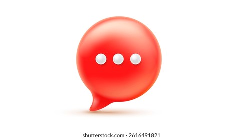 Vector illustration of realistic red color speech bubble with dot on white background. Social media symbol of communication icon. 3d cartoon style design of text speech bubble for web, banner, network
