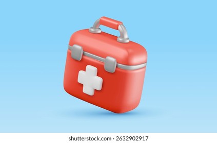Vector illustration of realistic red color medical box with cross on blue background. Medical symbol of first aid icon. 3d cartoon style design of hospital hand bag with cross for hospital banner