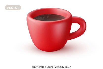 Vector illustration of realistic red cup with coffee on white background. 3d style design of coffee cup for web, site, banner, menu
