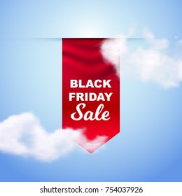 Vector illustration, realistic red flag with Black Friday Sale text on a cloudy sky background. Eps 10 file.