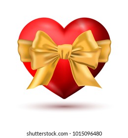 Vector illustration of realistic red heart with golden bow. Valentine's day design. 