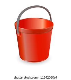 Vector illustration realistic red plastic bucket with a black handle and an inscription. Isolated white background. A bucketful for washing food, water and drink. Household chores pail.