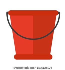 Ilustración vectorial cubo de plástico rojo realista con un mango negro y una inscripción. Fondo blanco aislado. Pila de tareas domésticas. EPS 10