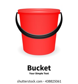 Vector illustration realistic red plastic bucket with a black handle and an inscription. Isolated white background. A bucketful for washing food, water and drink. Household chores pail. 