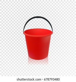 Vector illustration realistic red plastic bucket. Isolated white background. A bucketful for washing food, water and drink. Household chores pail