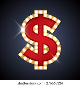 Vector illustration of realistic retro signboard Dollar sign. Part of alphabet including special European letters.