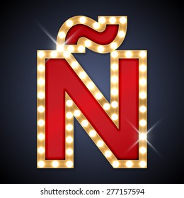 Vector illustration of realistic retro signboard letter N(N with a diacritical tilde). Part of alphabet including special European letters.