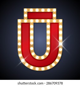 Vector illustration of realistic retro signboard U with macron. Letter of Latvian, Lithuanian and etc. Part of alphabet including special European letters. 