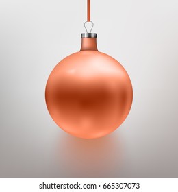 Vector illustration realistic rose gold Christmas toy, ball. Gray background. 