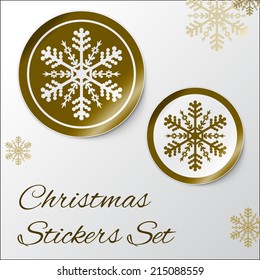 Vector illustration of Realistic Round Stickers or Icons. With peeled off corner and shadow. Golden Christmas theme with snowflake. EPS 10