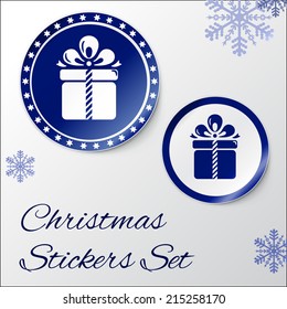 Vector illustration of Realistic Round Stickers or Icons. With peeled off corner and shadow. Blue Christmas theme with gift box. EPS 10