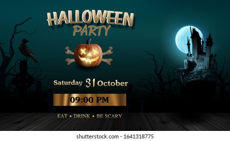 Vector Illustration of realistic scary pumpkin, dark castle and crow. Halloween party. 