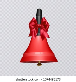 Vector illustration with realistic school bell red color, bell with nice bow isolated on transparent background