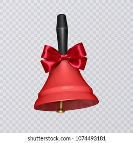 Vector illustration with realistic school bell red color, bell with nice bow isolated on transparent background