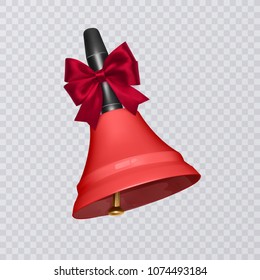 Vector illustration with realistic school bell red color, bell with nice bow isolated on transparent background