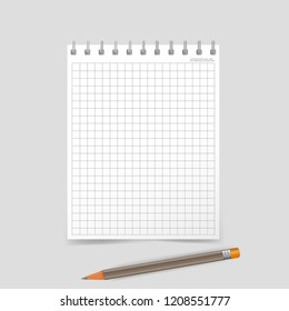 Vector illustration of a realistic school notebook with pencil. Vertical blank business notebook in a cage on metal rings.  Layers grouped for easy editing illustration. For your design.