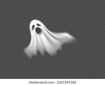 Vector illustration of realistic screaming ghost isolated on dark transparent background. Flying scary phantom silhouette for Halloween. Foggy figure with creepy face. Ghost effect.