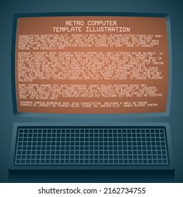Vector illustration of a realistic screen of a retro vintage old computer or TV with integrated keyboard. Modern template design with pixelated 8 bit text.