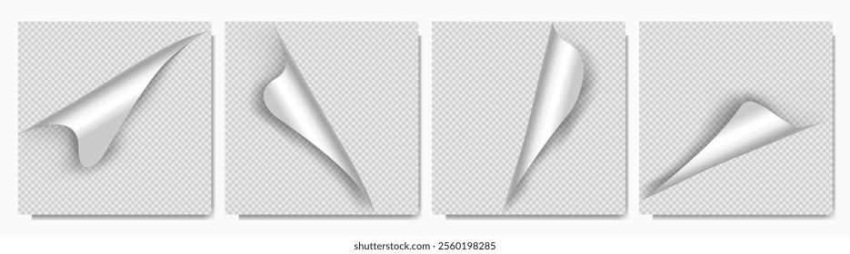 Vector illustration. Realistic set of 4 curled glossy paper corners with soft shadows on transparent background. Folded blank page. Design elements for web banner, social media template, blog post