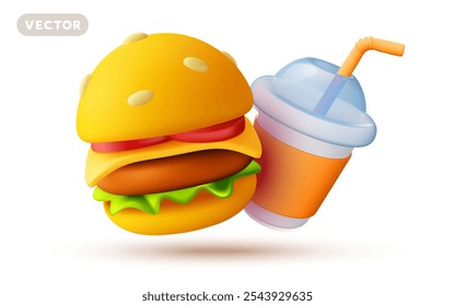 Ilustración vectorial de conjunto realista de hamburguesa con queso y taza de bebida con paja sobre fondo de color blanco. Diseño de estilo 3D de hamburguesa y llevar taza de café con sombra. Conjunto de Anuncio de comida rápida