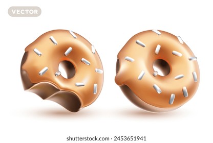 Vector illustration of realistic set of chocolate glazed donut with sprinkles on white color background. 3d style design of whole and bitten donut with shadow. Sweet food for web, site, banner, menu