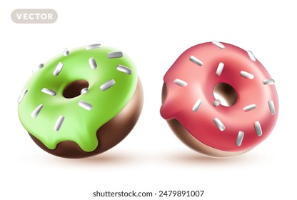 Vector illustration of realistic set of chocolate glazed donut with sprinkles on white color background. 3d style design of donut with different glazed and shadow. Sweet food for web, site, banner