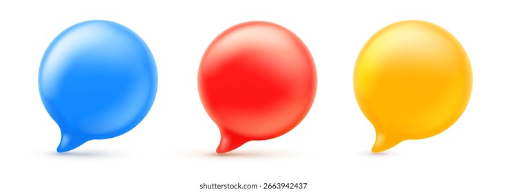 Ilustração vetorial do conjunto realista de bolhas de fala vazias de cor em fundo branco. Símbolo de mídia social do ícone de comunicação. 3d desenho estilo cartoon de conjunto de balão de fala de texto para web, banner